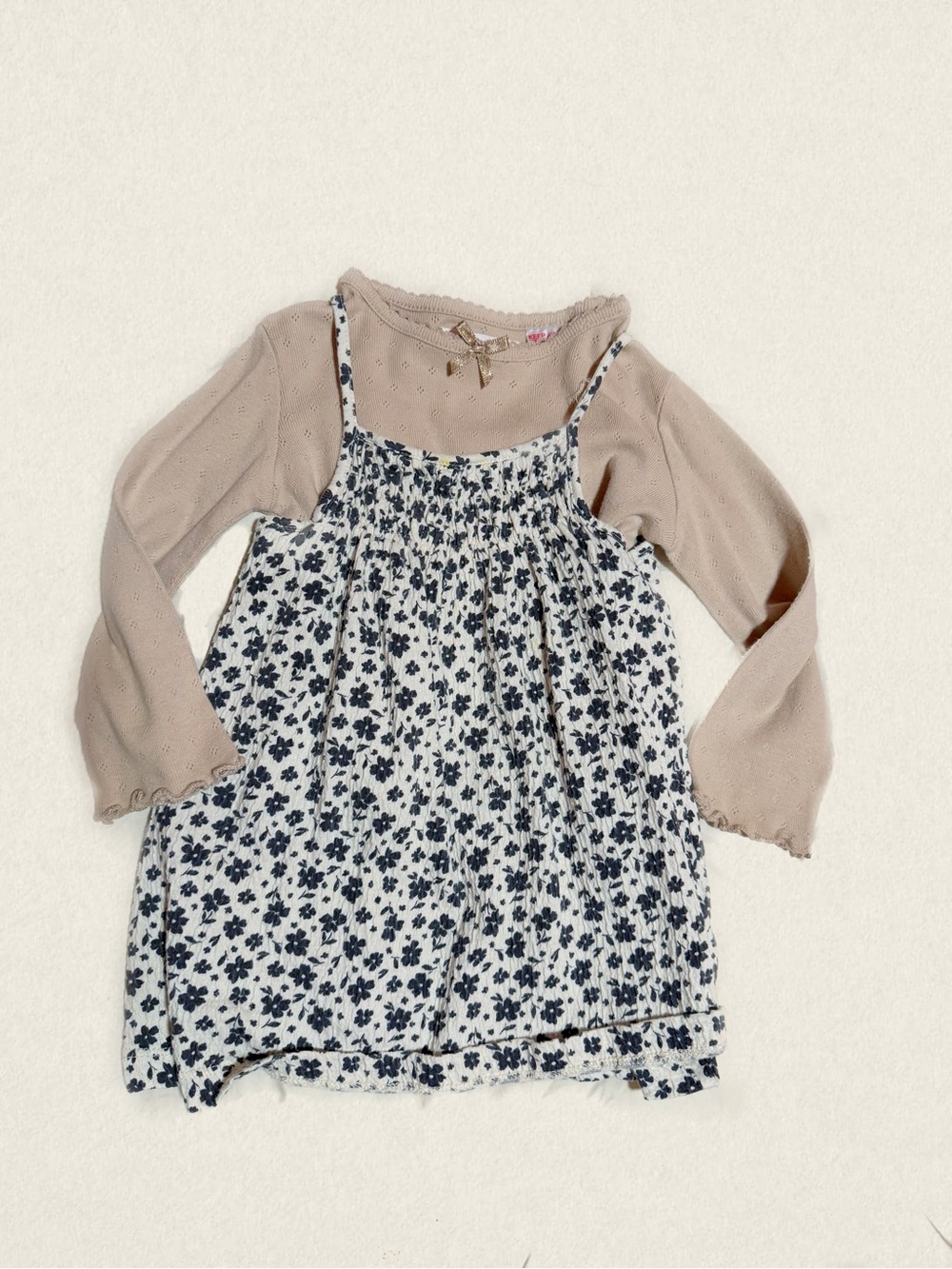 Zara Floral Layered Dress with Long Sleeve Tee - Beige and Navy